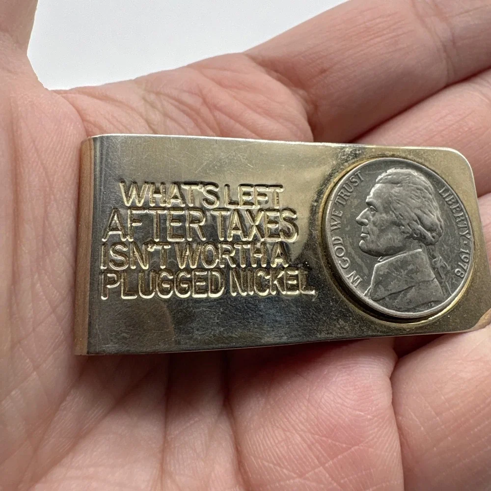 Vintage 1978 Jefferson Nickel Money Clip Gold Tone What's Left After Taxes